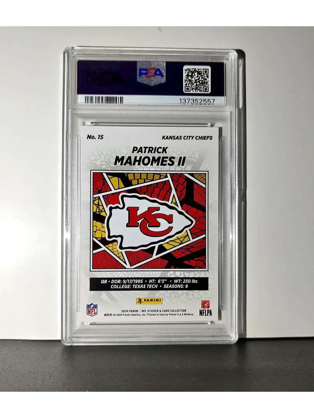 Patrick Mahomes 2024 Panini Sticker Collection 187/299 #15 Red Foil PSA 9 Mint